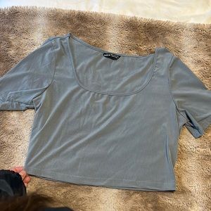 Gray Ribbed Scoop Neck Crop Tee